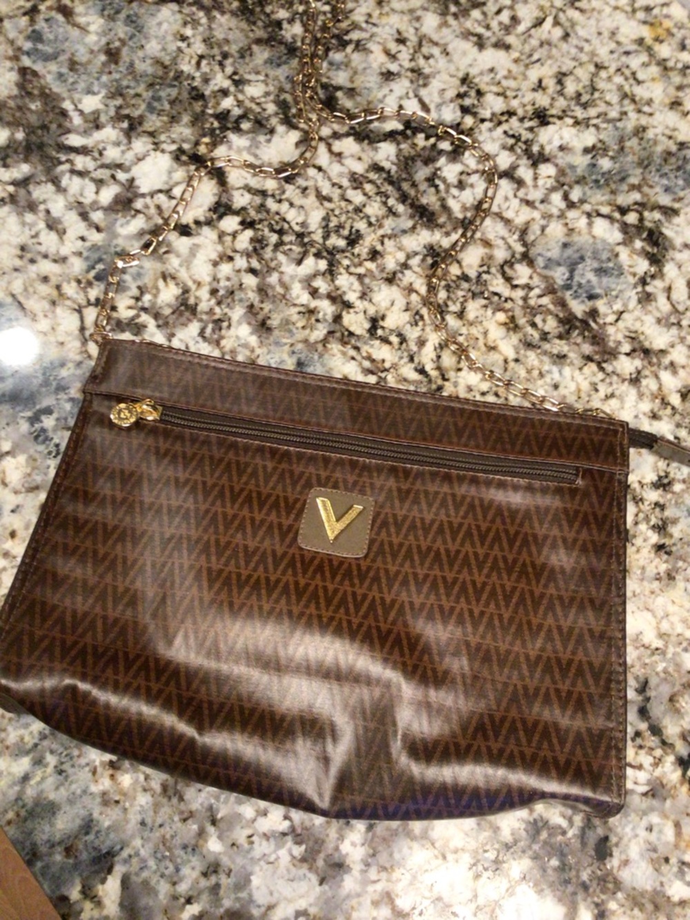 Valentino Brown Monogram Crossbody with Gold V Emblem